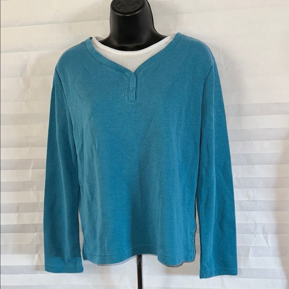 Women’s Teal Henley V-Neck Top Size Petite Small Long Sleeve Casual Shirt